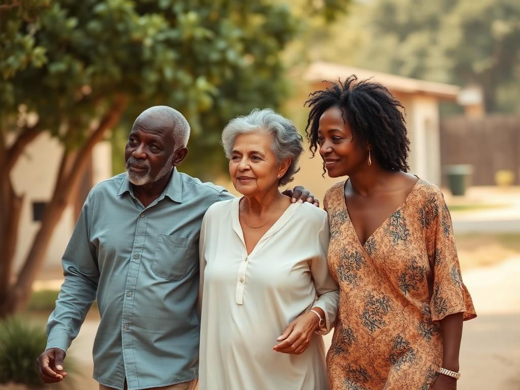 Three people walking
together