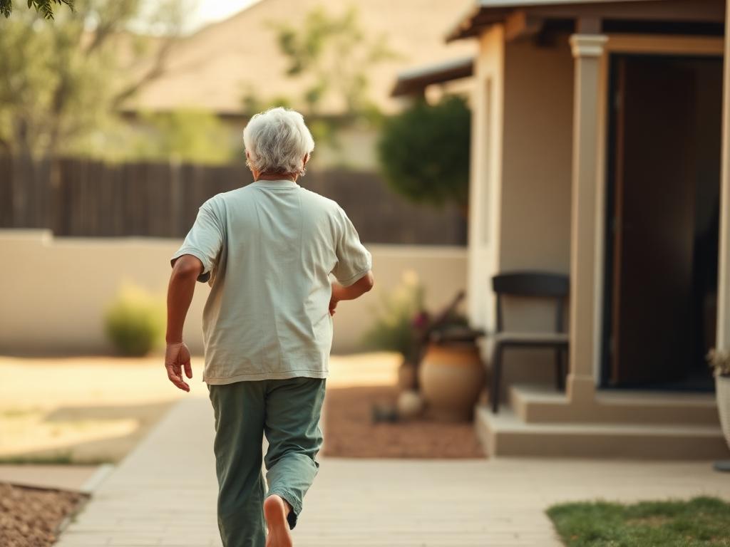 Person walking purposefully, arms swinging, slight forward
lean.