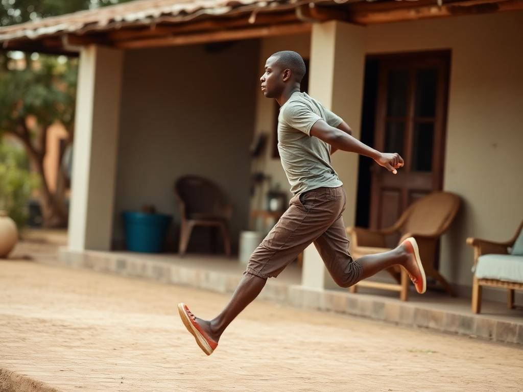 Action shot from the side showing strong stride and bent arms
swinging.