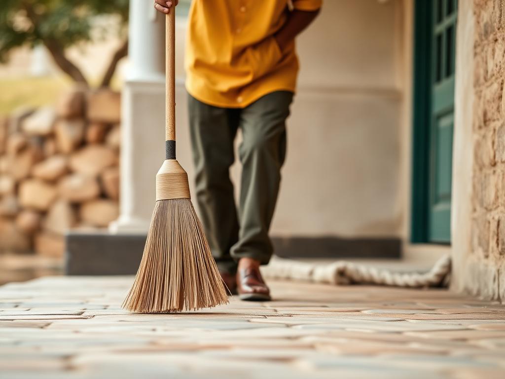 Person sweeping a stoep with a grass broom,
mid-movement.