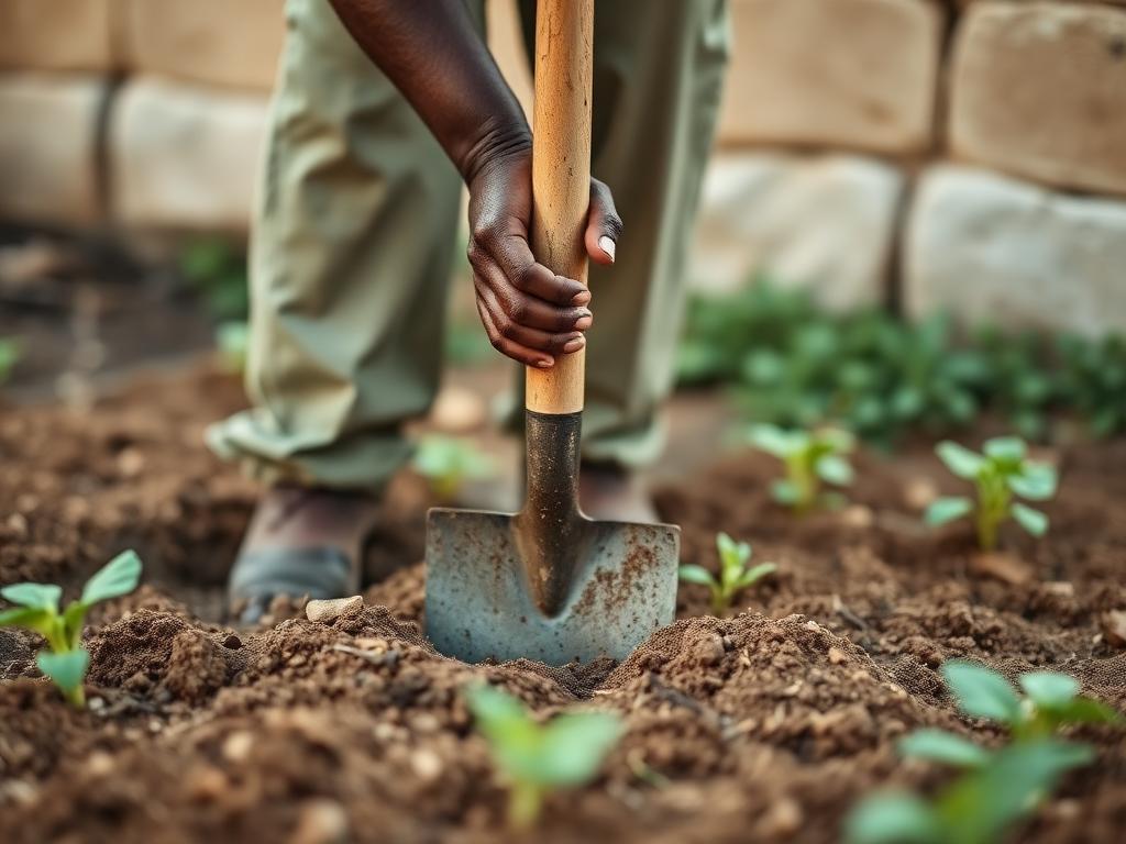 Person digging a small vegetable patch with a
spade.