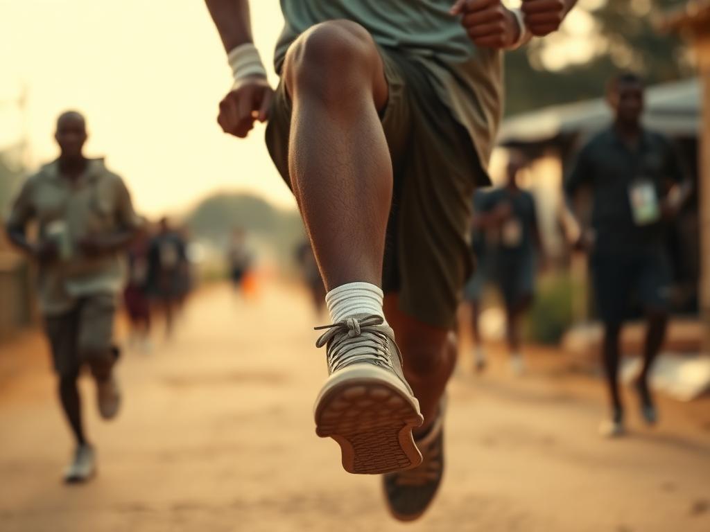 Person marching with one knee lifted high, arms in running
position.