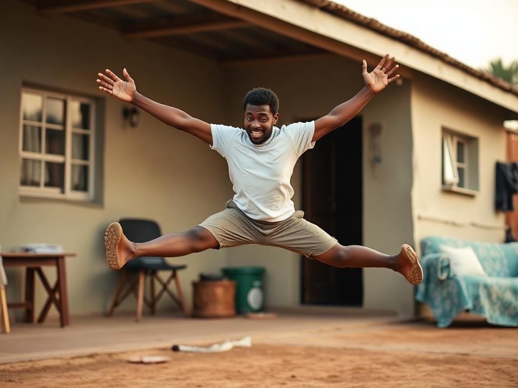 Action shot of arms and legs spread
mid-jump.