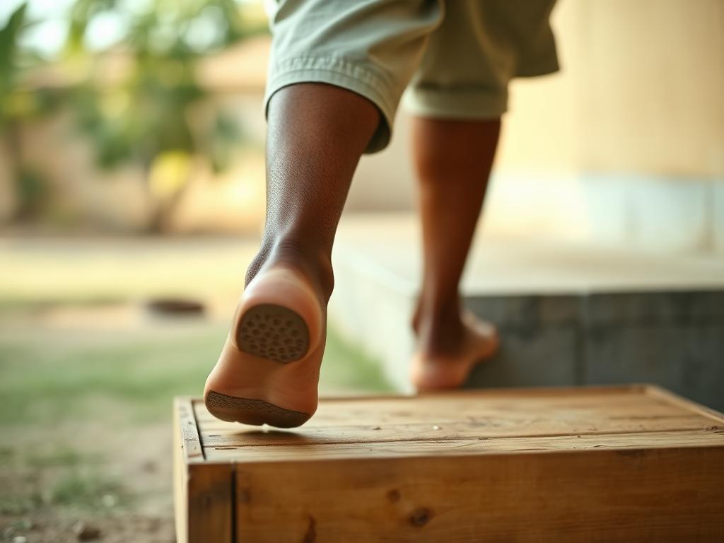 Person stepping onto a concrete step or low wooden
box.