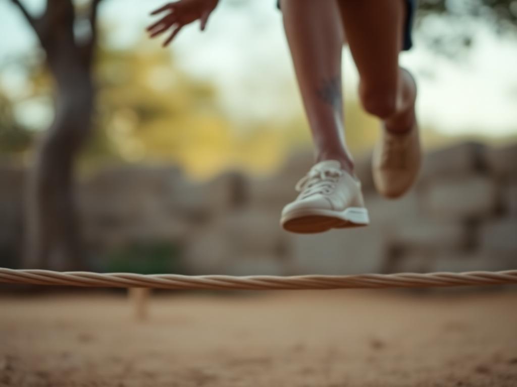 Action shot of person skipping, rope blurred
underneath.