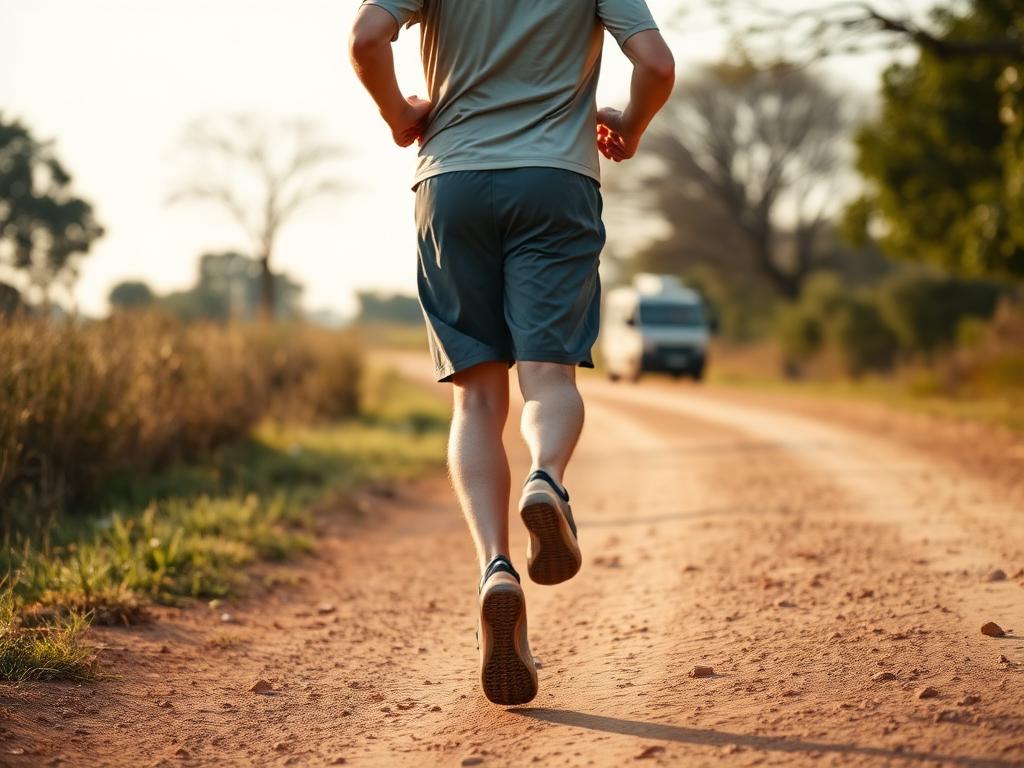 Side view of a relaxed jogger on a dirt road or park
path.
