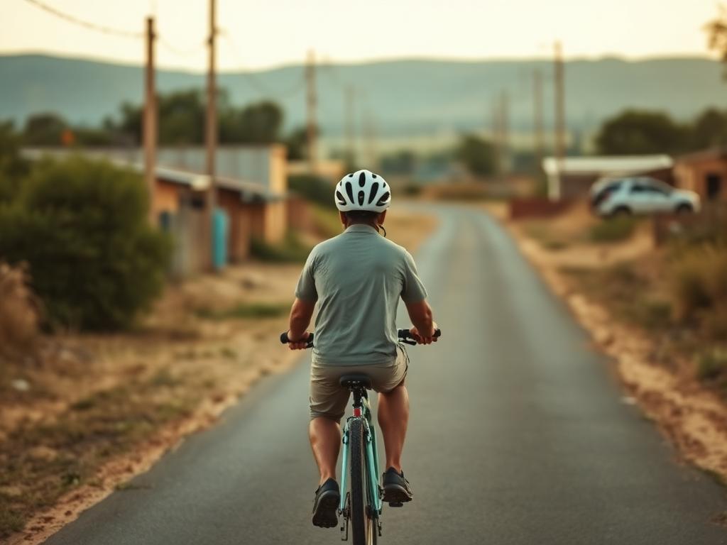 Person cycling on a township road or open path, helmet
on.