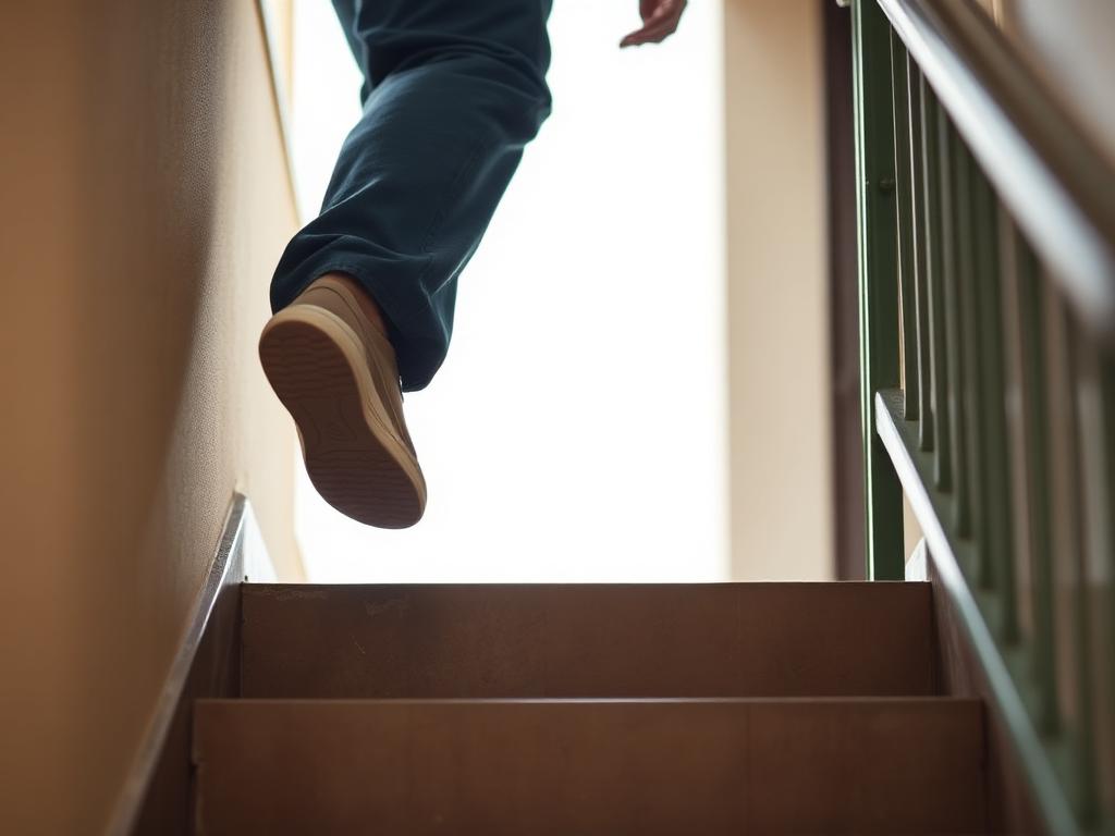 Person climbing a flight of outdoor stairs, one foot lifted
mid-step.