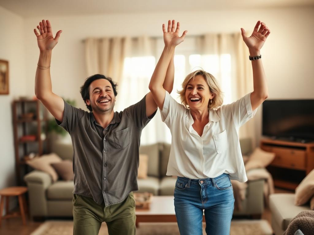 Two friends dancing in a living room, arms in the air, big
smiles.